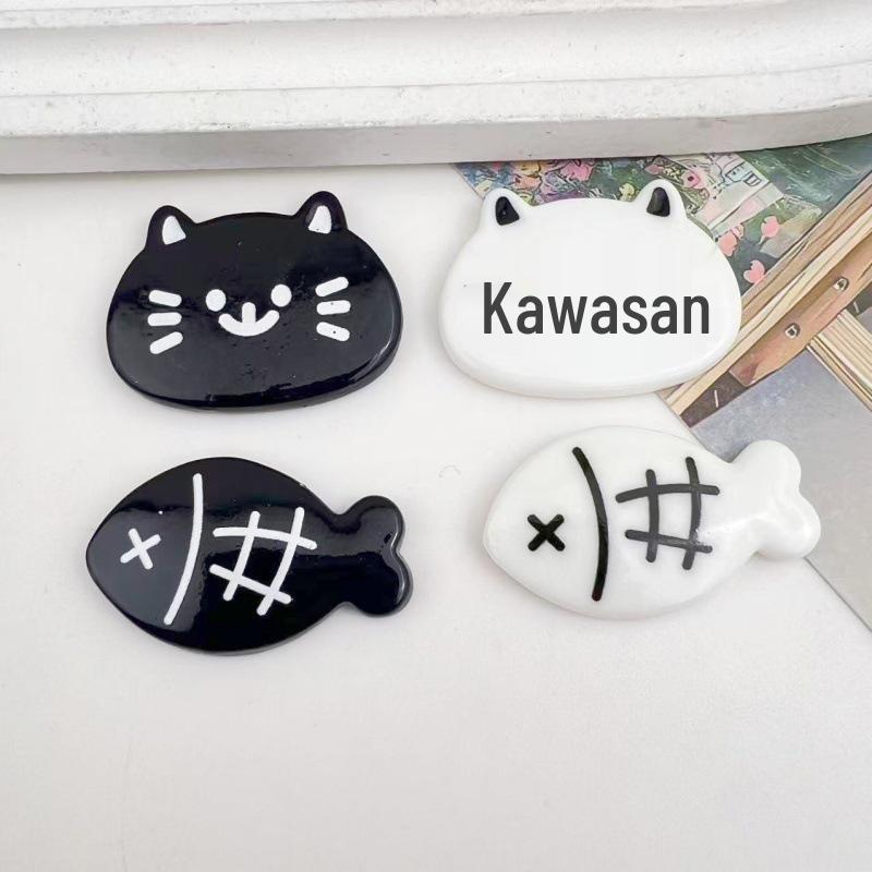 Handmade Black & White Cartoon Kitten Resin Accessories: Hair Clips, Phone Cases, Keychains, Pendants, Ornaments.
