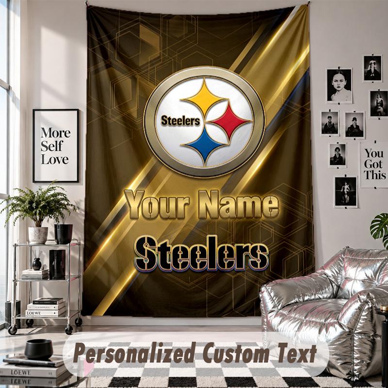 Wall Hanging Tapestry With Custom Name & Text, Pittsburgh Steelers Decorative Tapestry For Bedroom