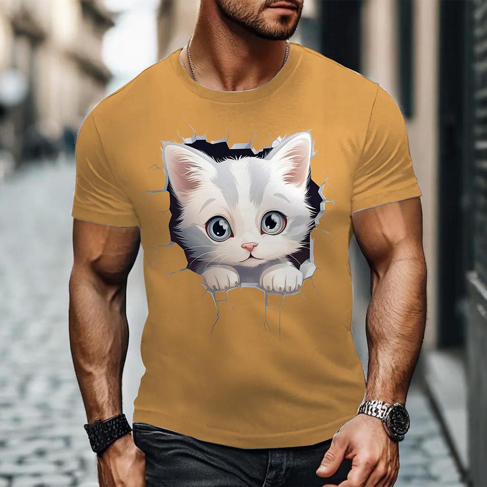 Letní Pánská Trička s Krátkým Rukávem s 3D Potiskem Kreslené Kočky s Kulatým Výstřihem