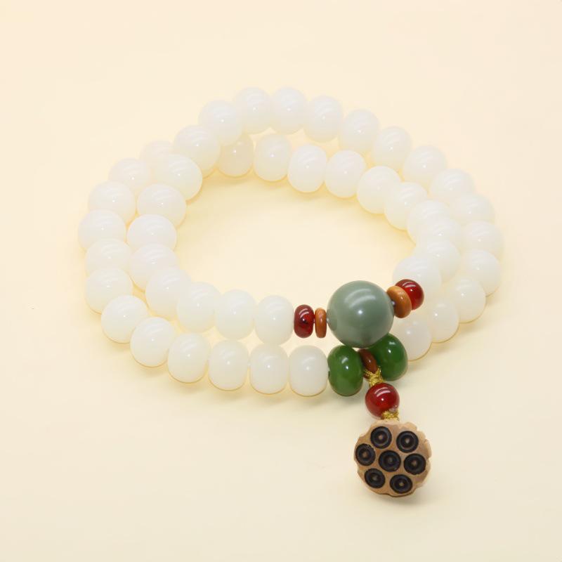 Natural White & Creamy Yellow Jade Bodhi Root Double-Strand Bracelet - New Chinese Design for Women