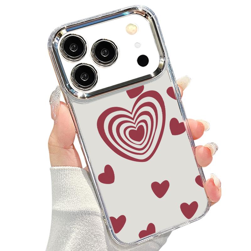 Silky Love Hearts Pattern Case For iPhone 17 Pro Max Plating Lens Frame Clear Soft Cover For iPhone 16 15 14 13 Pro Max 11 16E 17E