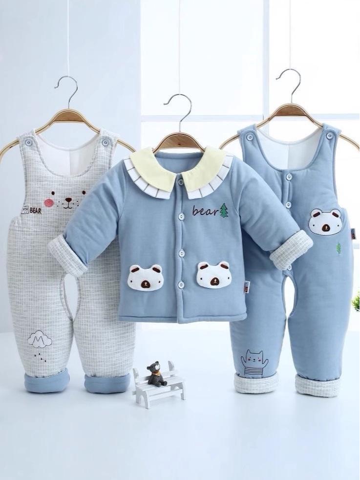Infant Pure Cotton Autumn/Winter Three-Piece Set: Unisex Overalls for 0-12 Months, Thick and Warm