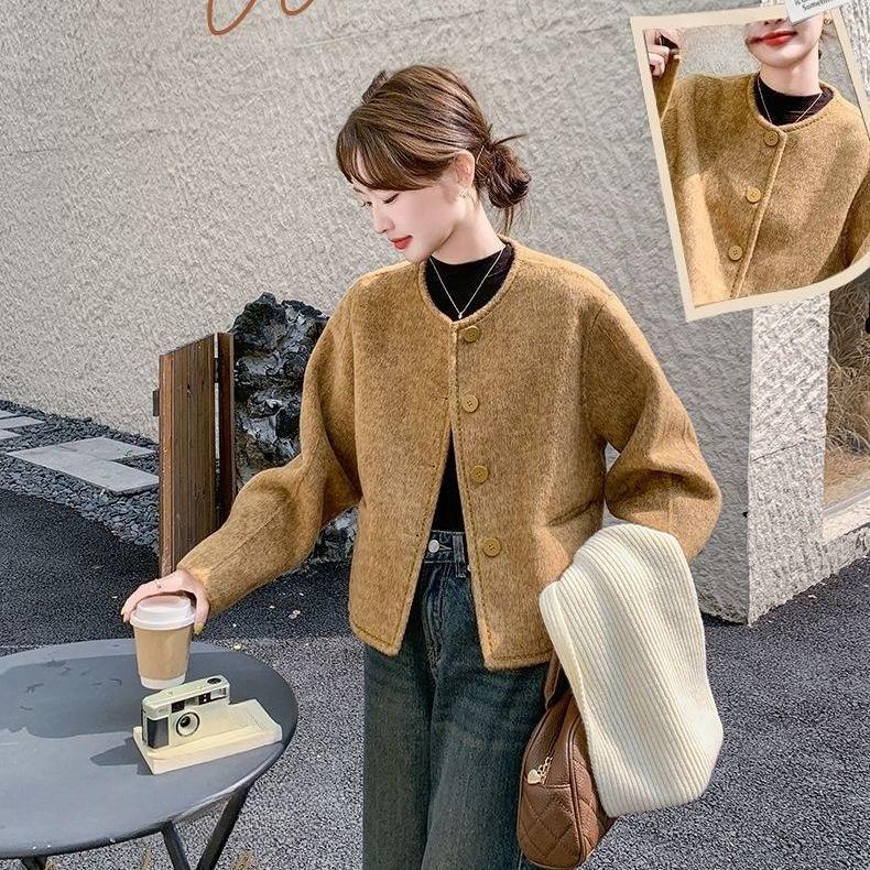 Trendig Kort Ullkappa Dam Höst Vinter Mysig Fuskull Tweedjacka Elegant Lat Stil Toppval