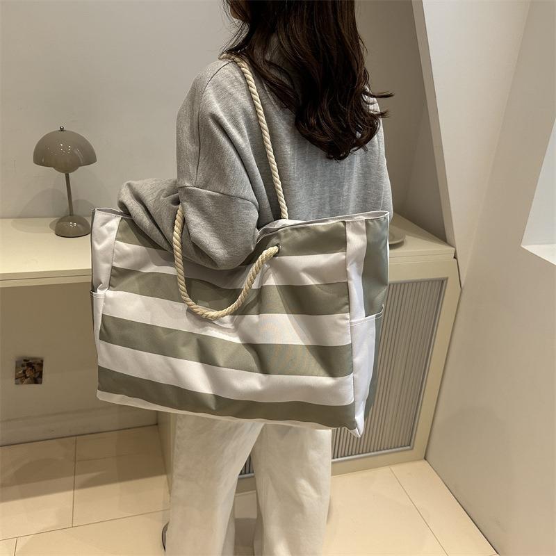 Striped Canvas Casual New Fashion Personalized Large Capacity Commuting Rope Tote Shoulder Bag Women