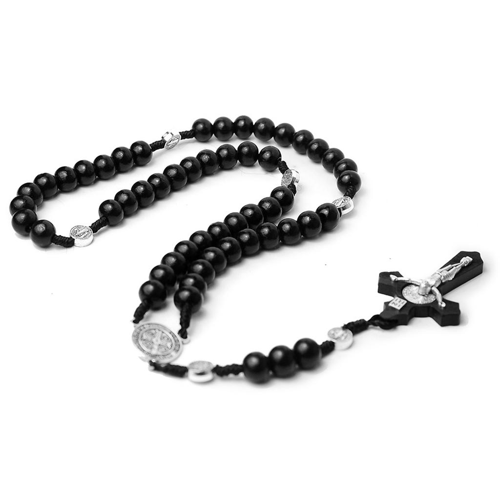 Wood Bead Cross Rosary Necklace Bead Chain Pendant Ornaments for Home Church Yoga Room Decorations Gift