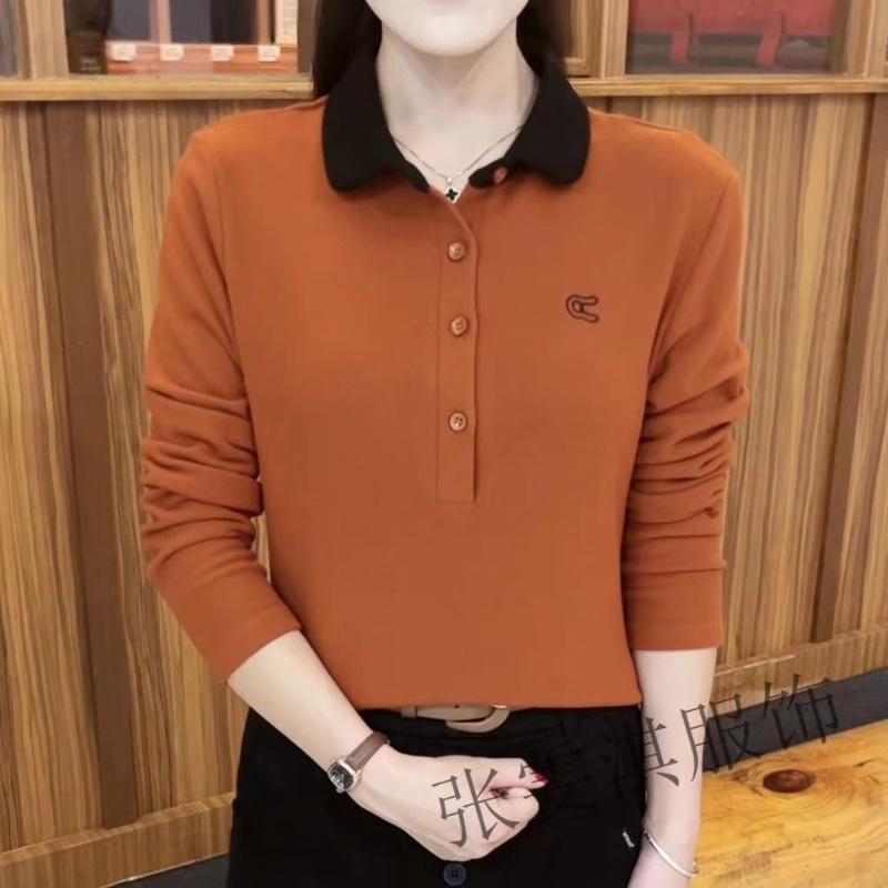 Women's Clothing Fashionable POLO Solid Color Base Long Sleeve Casual Lapel Button Contrast Top