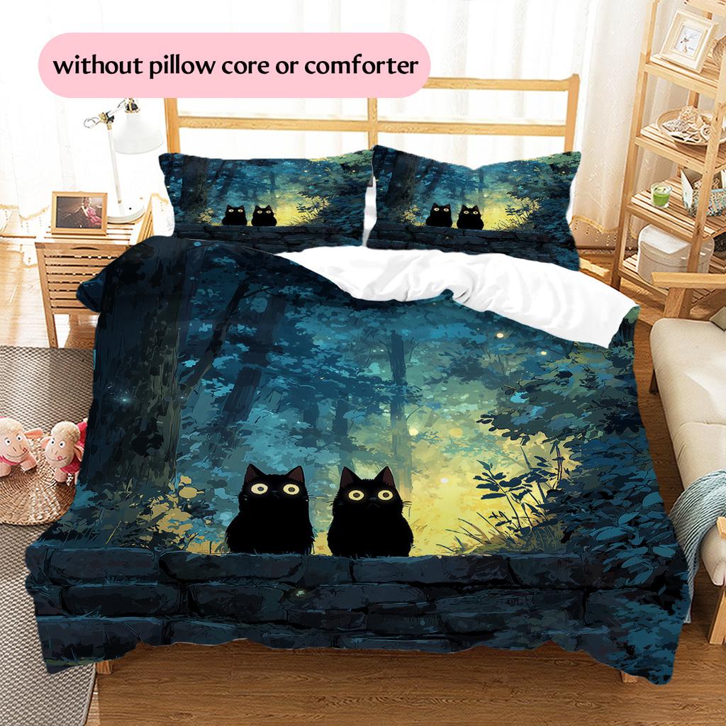 Black Cat at Night Pattern Bedding Quilt Set  Home Decoration  Gift (1 * duvet cover + 2 * pillowcase  without core)