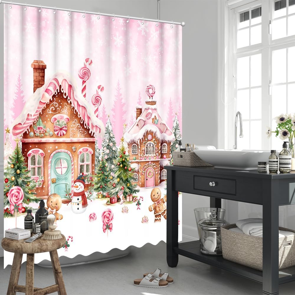 Christmas Pink Gingerbread House Shower Curtain Pink Candy House Home Bathroom Decorations Snowy Winter Christmas Trees