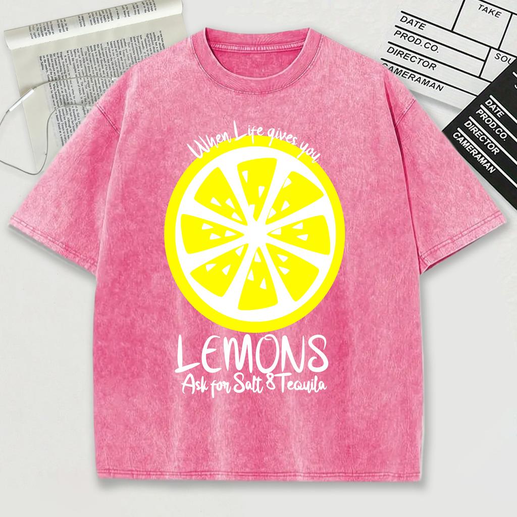 When Life Give You Lemons Pattern Washed Men T Shirt Summer Trendy Tee Shirts Soft Cotton O-Neck Short Unisex Loose Top