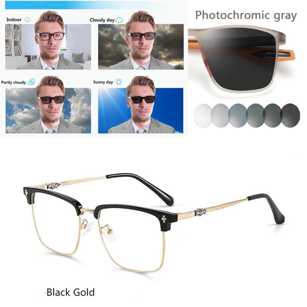 

KJDCHD Men Classic Chrome Style Hearts Reading Glasses Anti Blue Light Myopia Glasses Photochromic Prescription Optical Eyewear +150