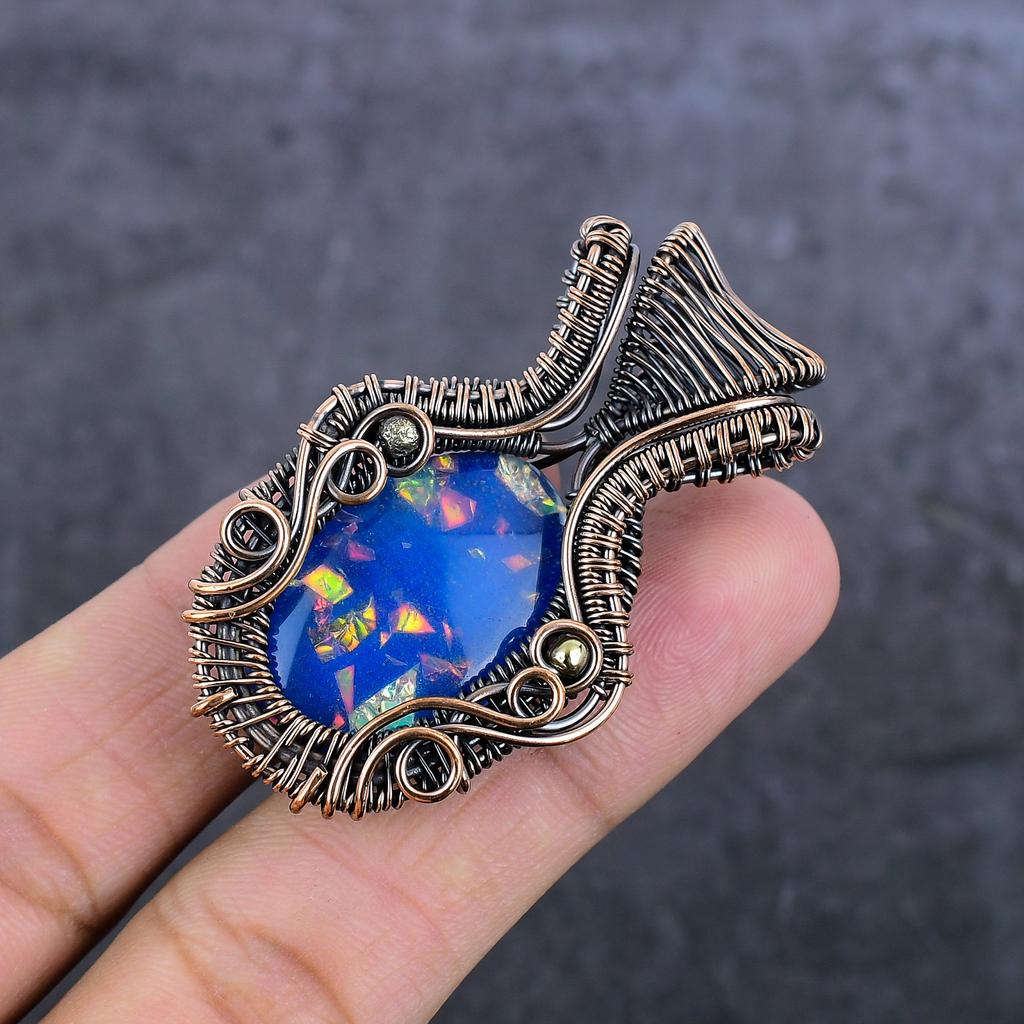 Blue Triplet Opal Handmade Copper Wire Wrap Jewelry Pendant 2.17" r3b51