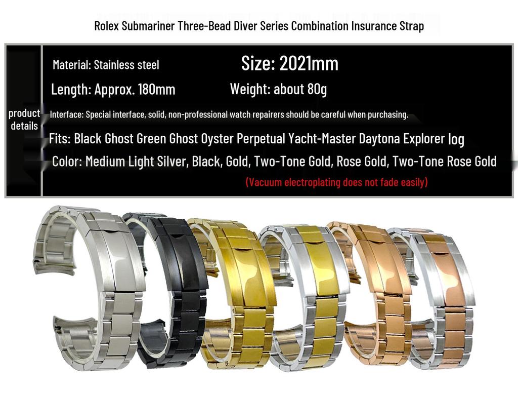 Roestvrij Staal Gebogen Eind Horlogeband, Past op Rolex Submariner Drie-Schakel Serie, 20mm, met Veiligheidssluiting.