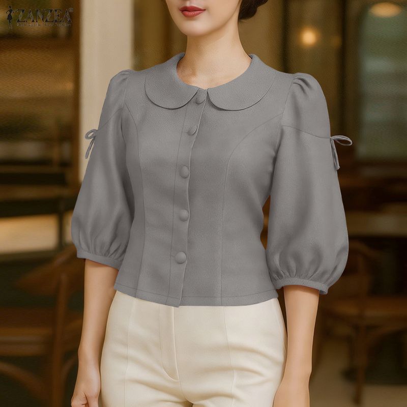 ZANZEA Women Casual Doll Collar Solid Color 3/4 Sleeve Loose Blouse
