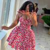 Women's Sweetheart Neck Sleeveless Mini Dress A Line Fit High Waist Sexy Floral Print Spring Sundress With Bow Spaghetti Straps