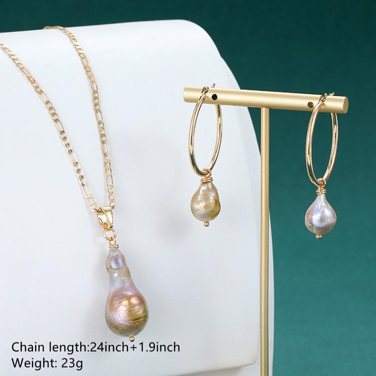 Chain Link Stainless Steel Ladies Short Necklace Sweater Freshwater Baroque Pearl Necklace Earrings Set Jewelry