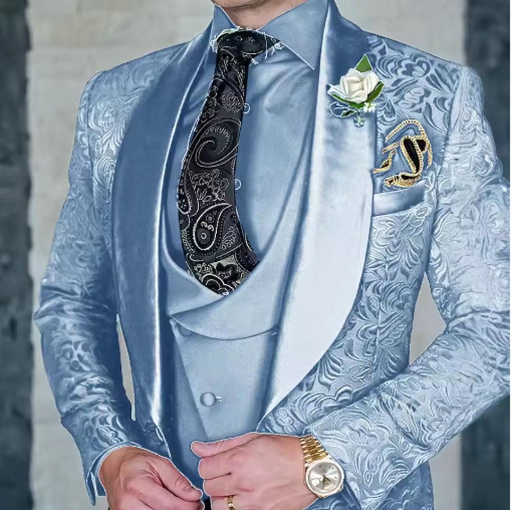 

3 Pieces Black Jacquard Wedding Party Tuxedo For Groom Wedding Shawl Lapel Slim Fit Mens Suits Male Waistcoat Vest Pants XL блідо-блакитних кольору