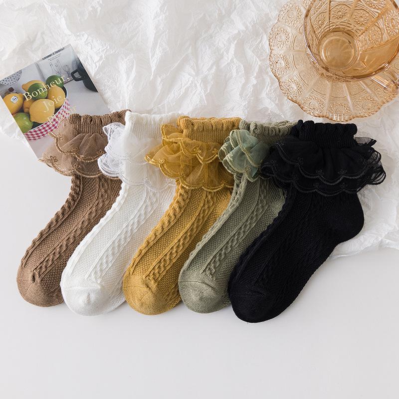 Lolita Lace Cotton Princess Socks for Girls - Black Dance Socks for Spring, Autumn, Winter