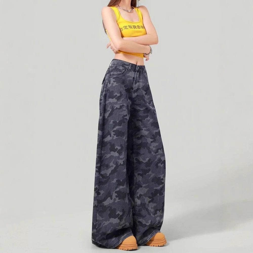 Comfortable Work Trousers Women's Models Camouflage Jeans Women's Loose High-waisted Small People Straight Draped Wide-leg Trousers Long Denim Pants