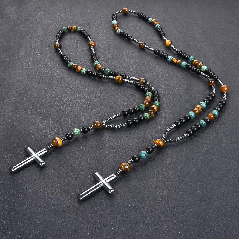 Geometric Black Obsidian Cross Necklace For Men And Women With Beaded Chain Fashion Accessory