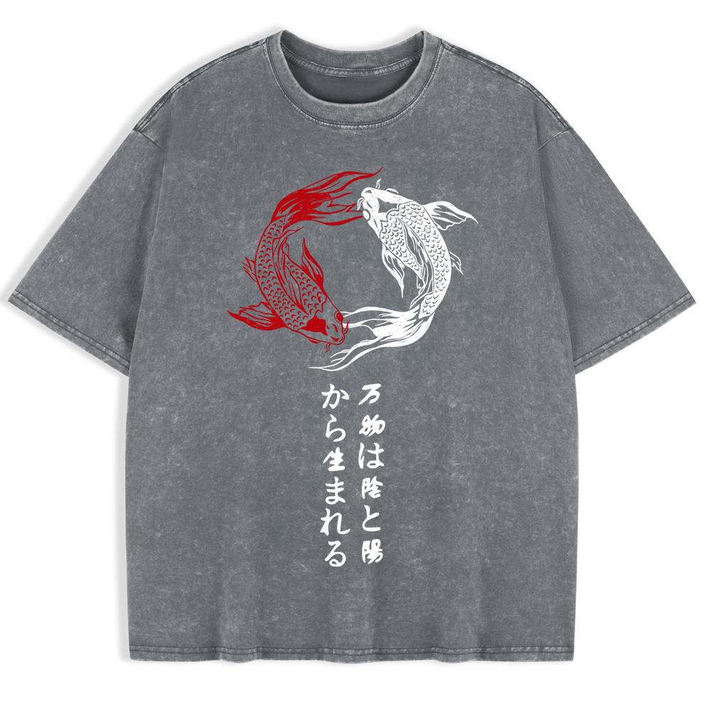 Japanese Koi Harajuku Printing Washed T-Shirts Mens Cotton Oversized T Shirt Summer Short Sleeve Tops O-Neck Clothes