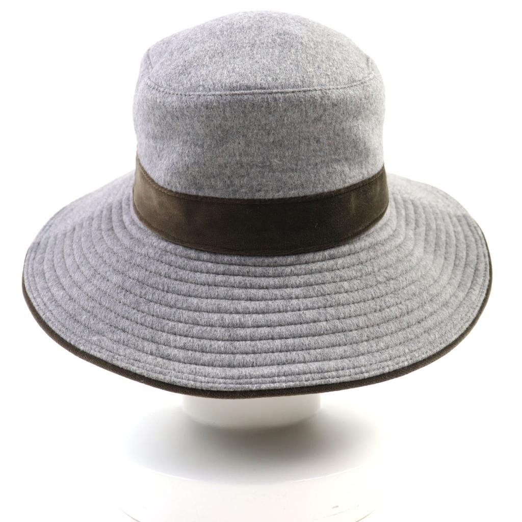 Excellent HERMES Hat Logo-print Velour Hat with Lining Gray Khaki Wool Women 57 Used