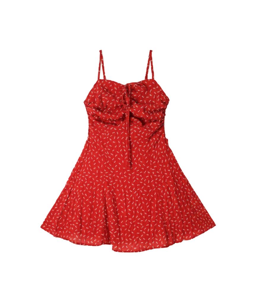 VIKINI VENDER Fraise Ribbon Shirring Mini Dress
