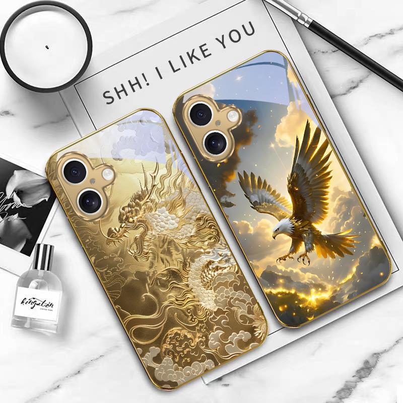 Golden Chicken Luxury For iPhone 16E 15 Pro 14 13 Plus 12 mini 11 15Pro 14Max 13Plus XR Xs X 16 Pro Max Golden glass phone case