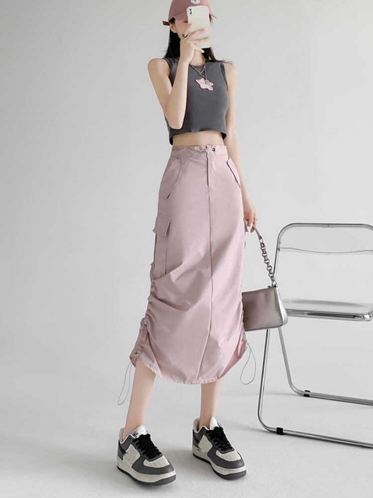 Cargo Midi Skirt Women Summer Slim High Waist Slit A-line Skirt Stitching Drawstring Female Streetwear Vintage Y2K Grey
