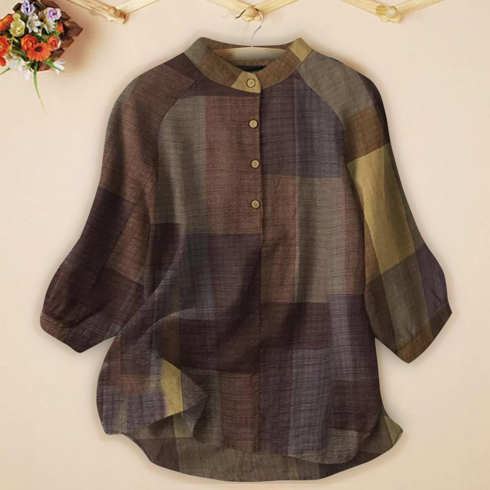 

Женские повседневные свободные рубашки с v-образным вырезом и рукавами 3/4, клетчатые льняные топы, футболки, футболки XL хаки