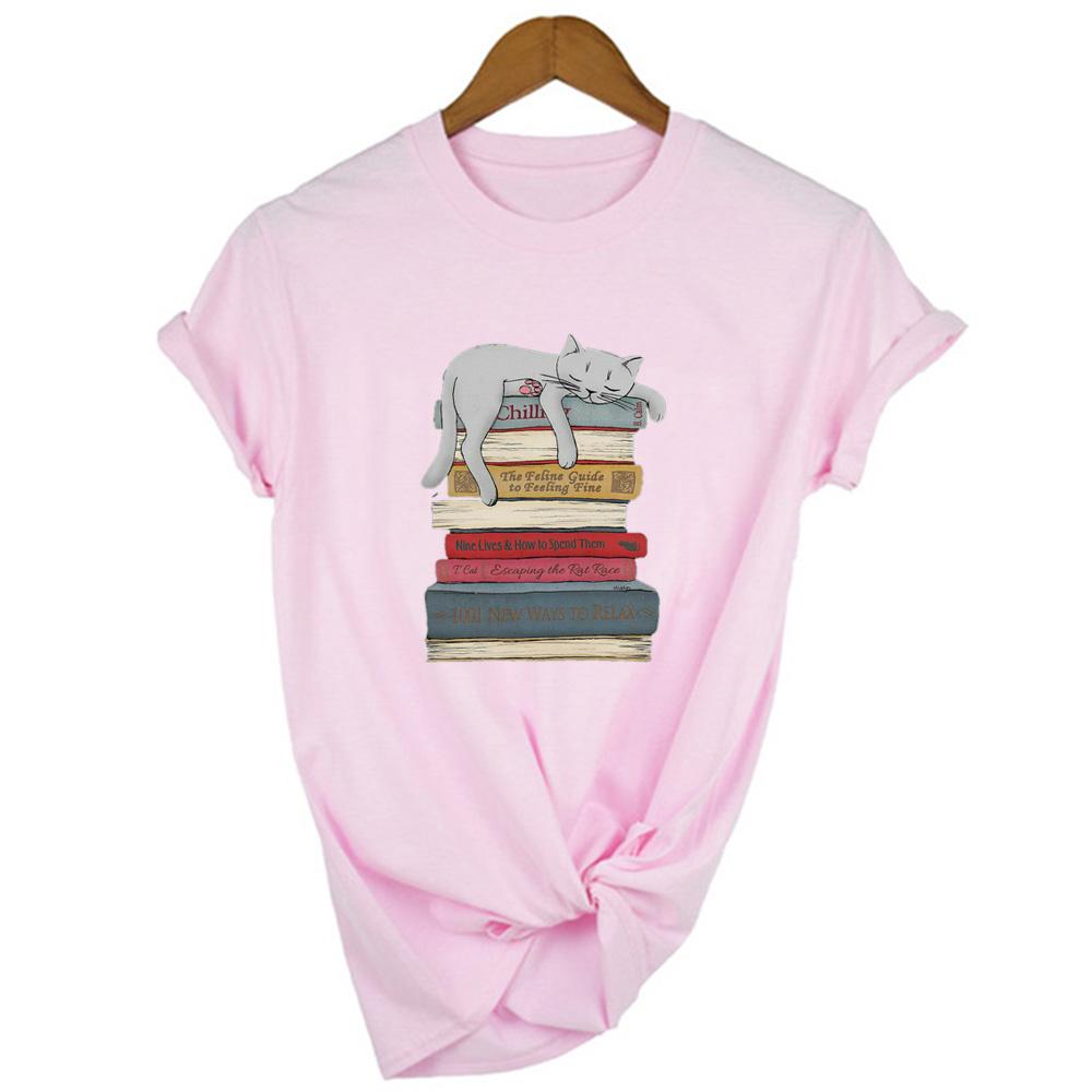 Sleeping Cat And Book Graphic Tees Women Harajuku Summer Short Sleeve T Shirt Streetwear Tumblr Female
