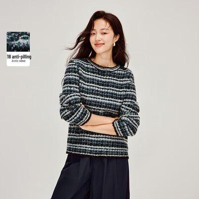 INMAN Women's Retro Color-Block Striped Long Sleeve Sweater
