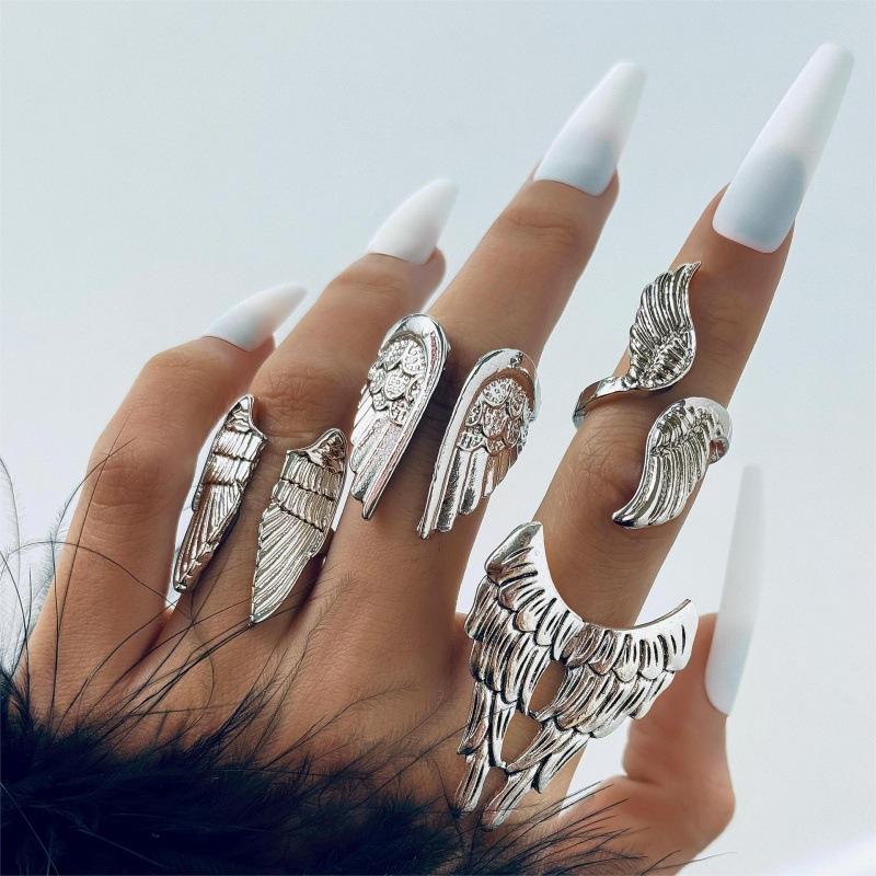 Геометрическое кольцо-крыло ангела в панк-стиле, ретро кольцо с перьевым крылом, многосуставное, женский набор из четырех частей