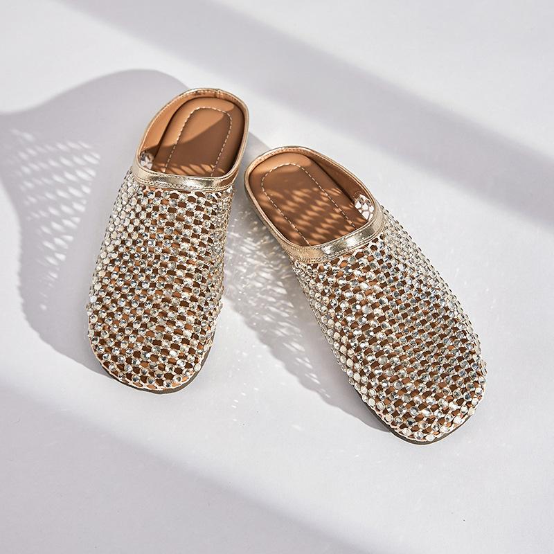 2025 Summer New Flat-bottomed Bag Head Half Slippers Women's Golden Fishing Net Full of Diamonds Hollow Sandals Wear Light Single Shoes