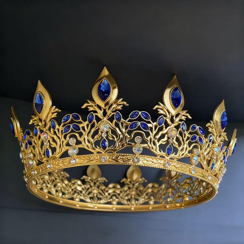 Vintage Gold Crown With Blue Crystal Decoration Comfortable To Wear For Women Daily Party Headwear
