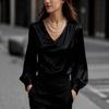 Women's V Neck Long Puff Sleeve Regular Solid Satin Elegant Office Blouse Shirt