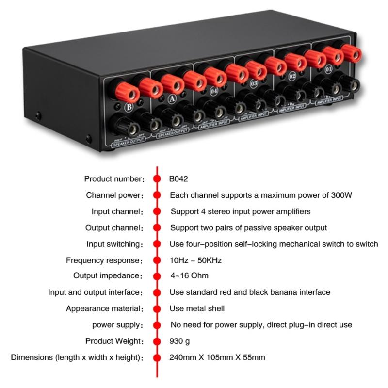 4 in 2 Out Amplifiers Switcher Selector Speaker Splitters Switcher Box Selector 4 in 2 Out Switcher Banana Adapters