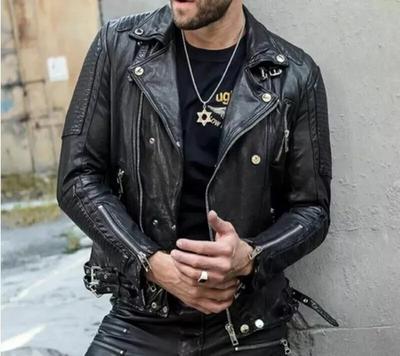 Chaqueta de cuero de cordero genuina de color negro ajustado para hombre, chaqueta de motociclista para motocicleta