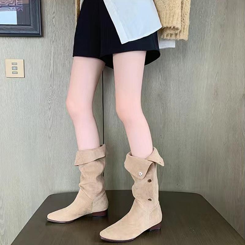 

Мама Виноград 2025 осень и зима новые Spice Girl лацкан плиссированные ботфорты с острым носом средней длины ковбойские сапоги женщины 35