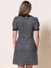Allegra K Damen Tweedkleid, Peter-Pan-Kragen, Puffärmel, A-Linien-Minikleid, Schwarz, Größe M