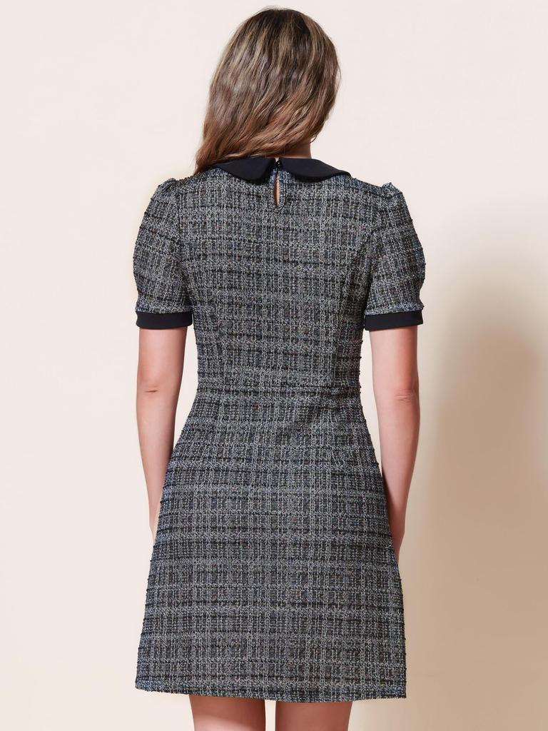 Allegra K Damen Tweedkleid, Peter-Pan-Kragen, Puffärmel, A-Linien-Minikleid, Schwarz, Größe M