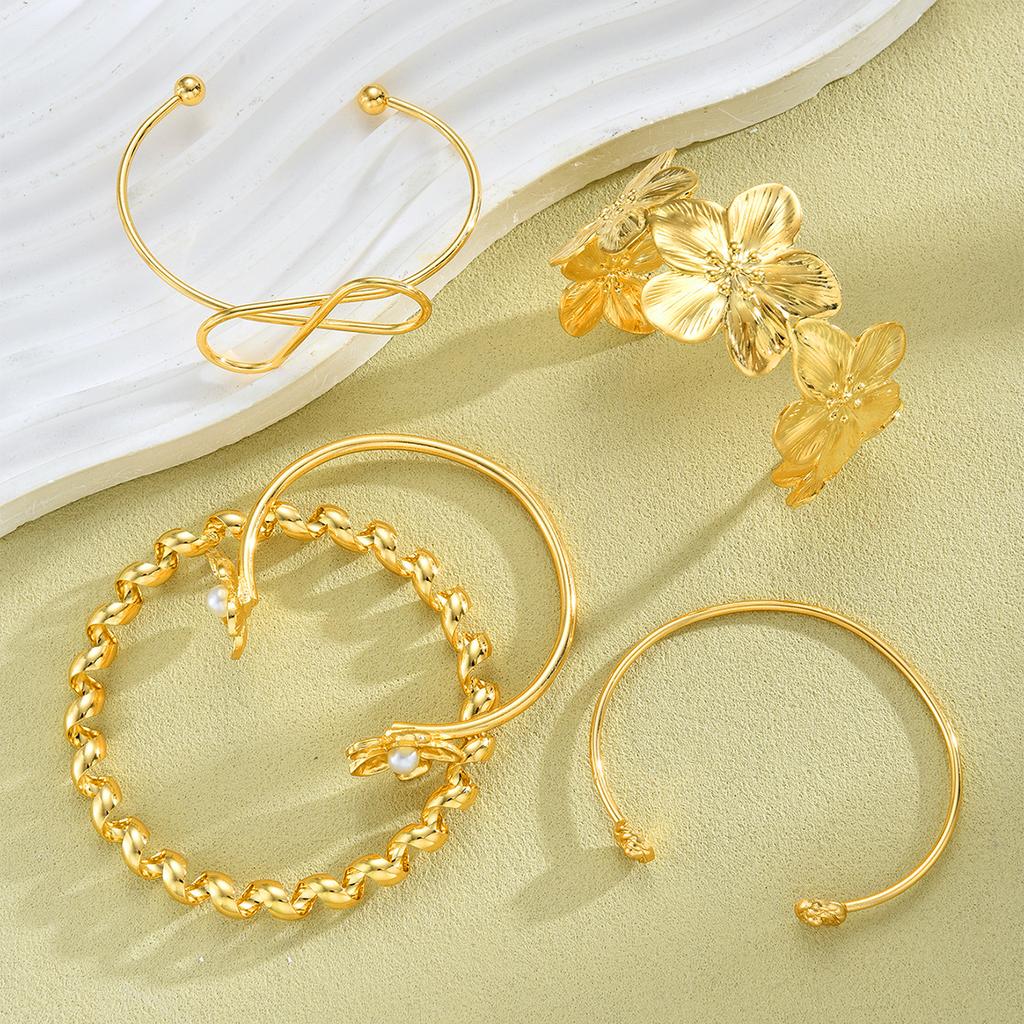IF ME 4pcs Vintage Elegant Boho Exaggerated Flower Geometric Bangle Bracelet Set For Women Holiday Party Date Daily Wear Jewelry