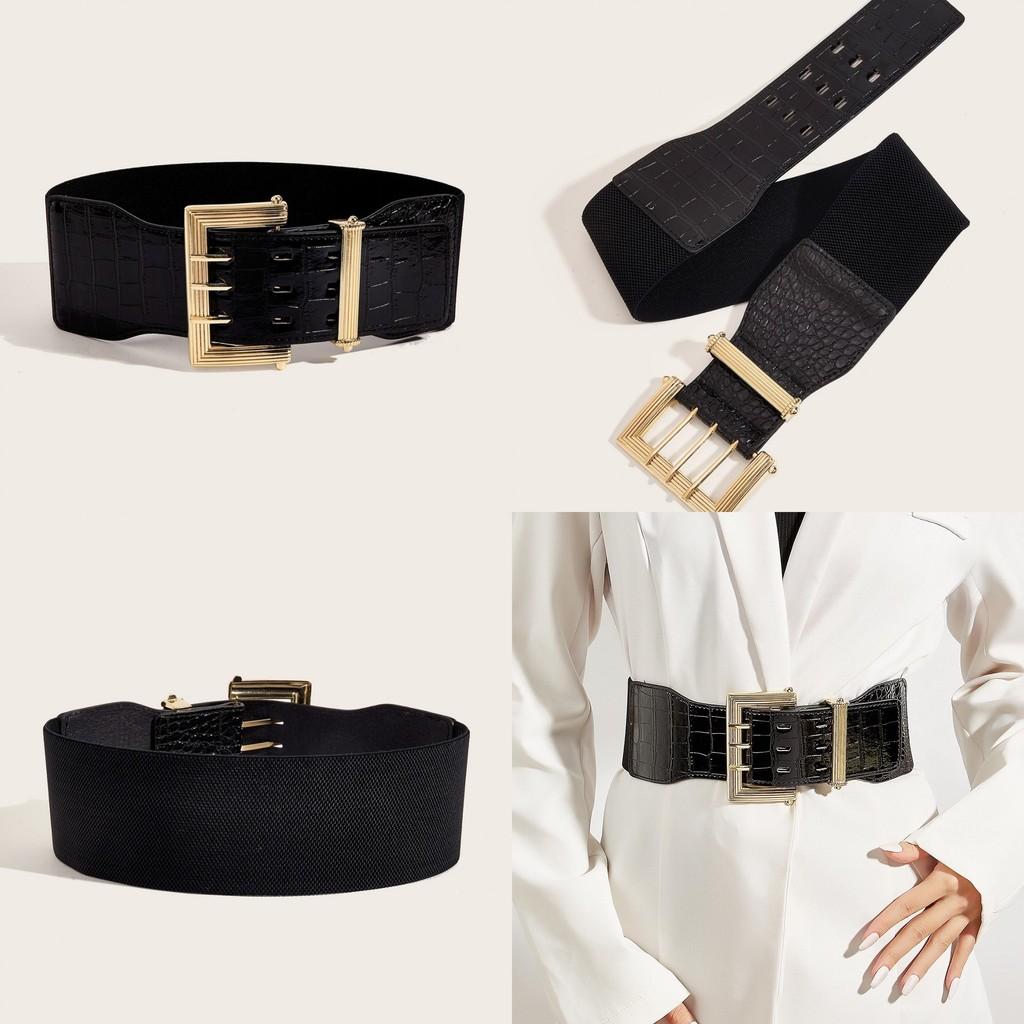 Square Metal Fashion Buckle Decorative Stone Texture Women Casual Wide Waistband