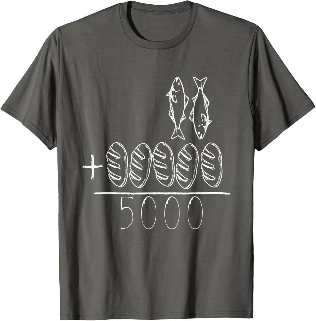 Die Speisung der 5000 Wunder Fisch Brot Jesus Christliche Bibelvers Grafik T-Shirt Herren Freizeit Kurzarm