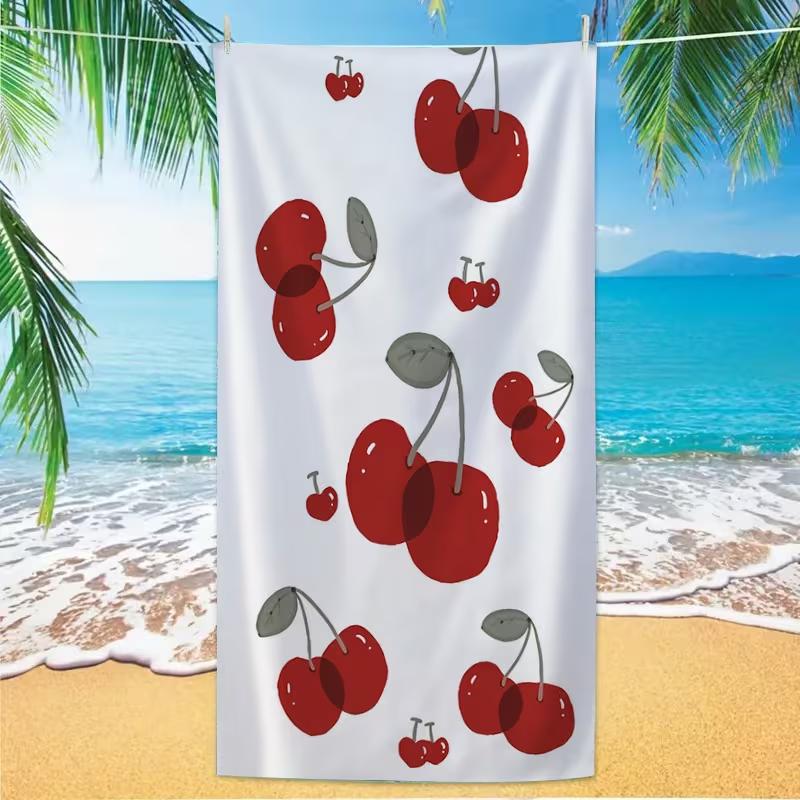 

Cute Red Cherry Bow Floral Beach Towel Soft Quick Dry Absorbent Swim Towel Large Lightweight Beach Blanket for Summer Travel W30*H60(CM)