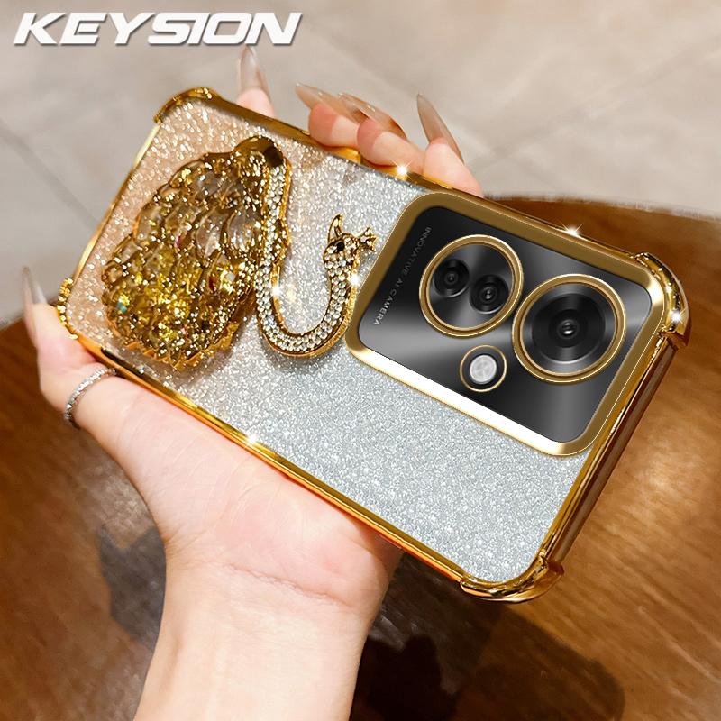KEYSION Shockproof Plating Phone Case for OPPO Reno11 F 5G Clear TPU Glitter Jewelled Swan Kickstand Back Cover for OPPO Reno11F 5G