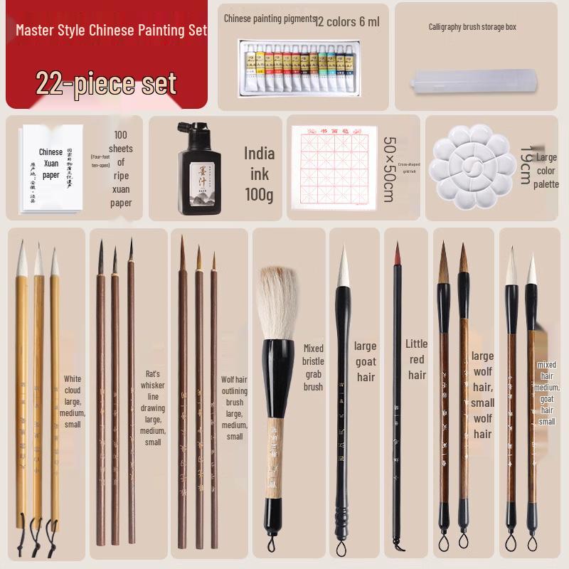 Zestaw pędzli do malarstwa chińskiego Cao Yige z włosiem mieszanym dla początkujących i studentów - Konturowanie, Włosie kozie, Biała chmura.