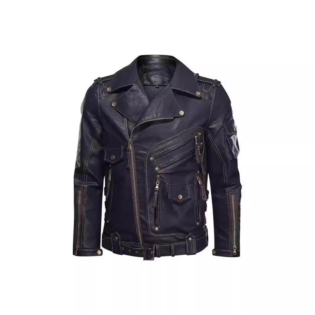 Men s Windproof PU Leather Jacket with Multiple Zippers - European & American Style Outerwear Double Extra Large чёрный