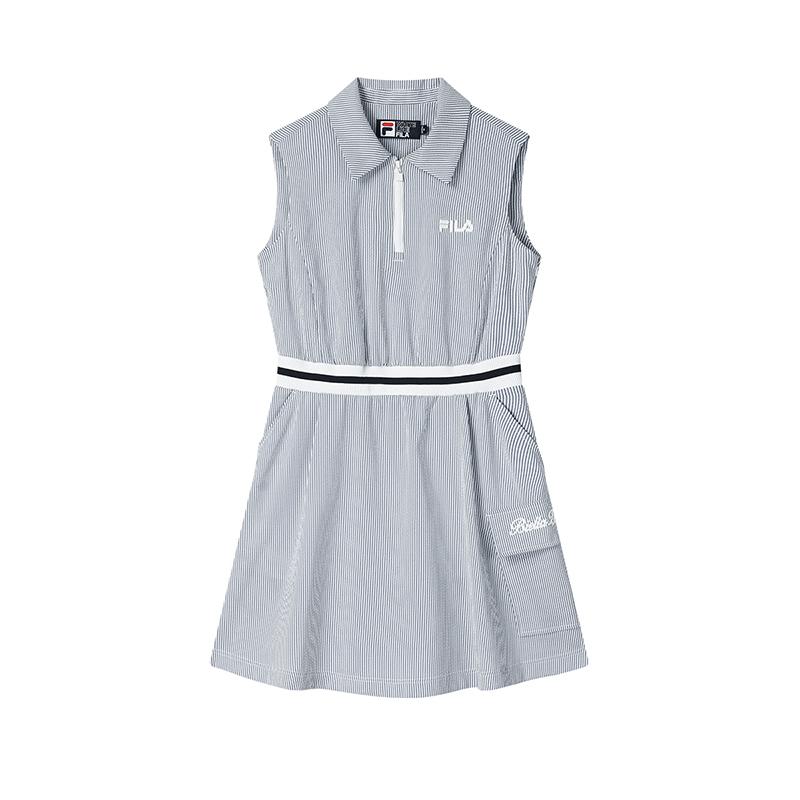 Fila Original Fashion Versatile Casual Simple Comfortable Striped Sleeveless Dress Women Dresses Cloud-Mushroom-White F11W529314F-WT