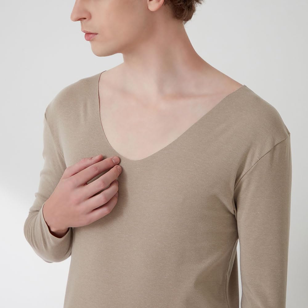 Gunze ADVANCE LABEL Long Sleeve Deodorizing Rayon Brushed Made In Japan Beige Size M [CUT OFF] U-Neck Men's