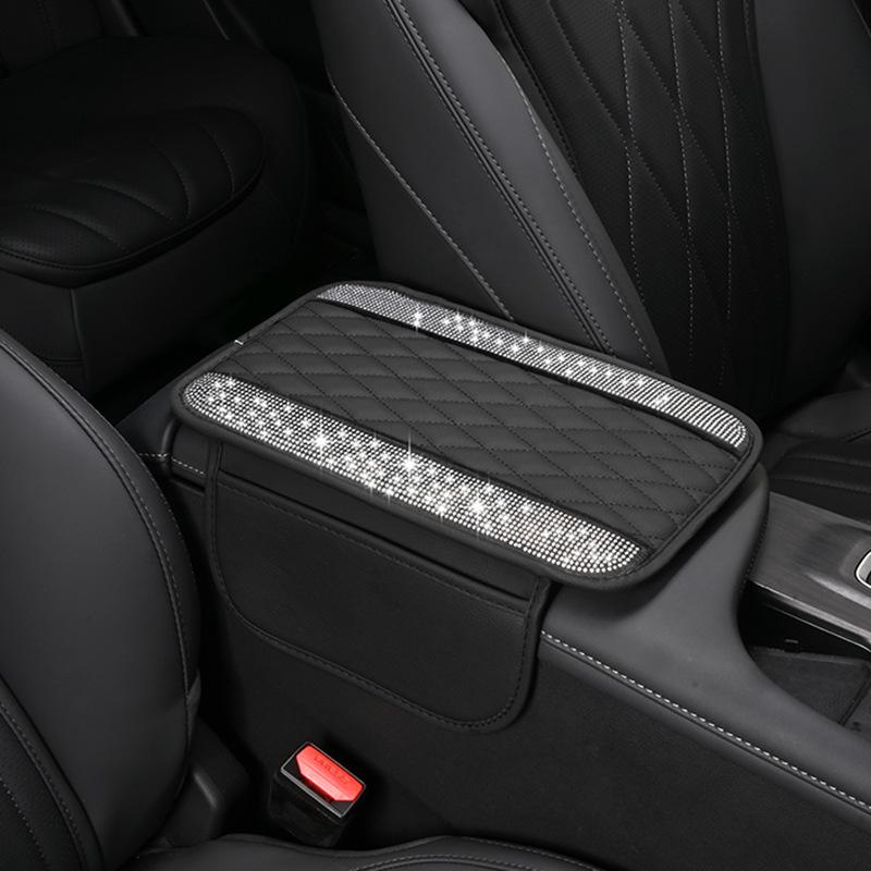 Car Amrest Cushion Pad Diamond For Women Leather Auto Center Console Cover with Storage Bags Luxurious Auto Interior Accessories
